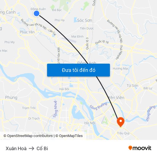 Xuân Hoà to Cổ Bi map