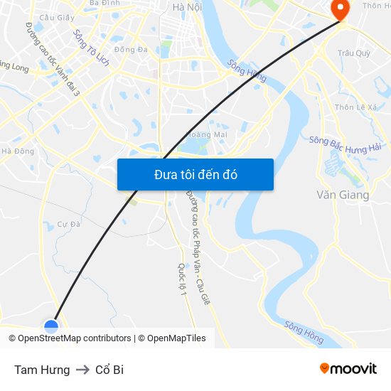 Tam Hưng to Cổ Bi map