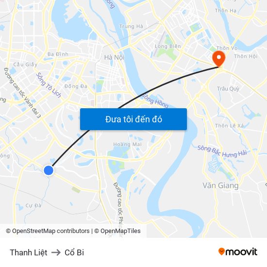 Thanh Liệt to Cổ Bi map