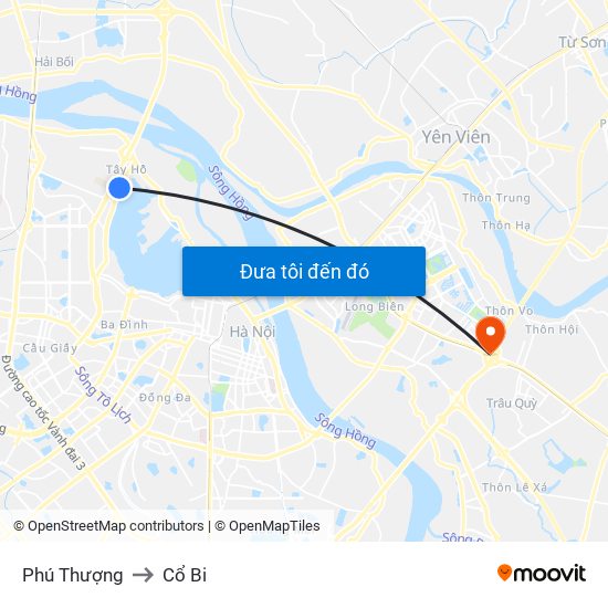 Phú Thượng to Cổ Bi map