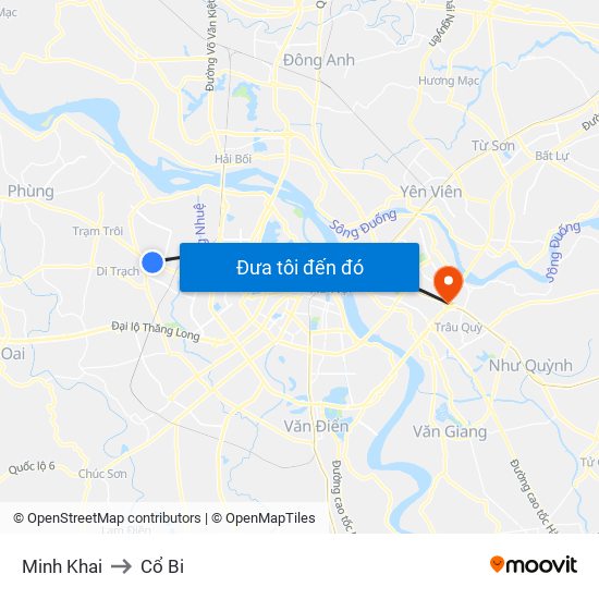 Minh Khai to Cổ Bi map