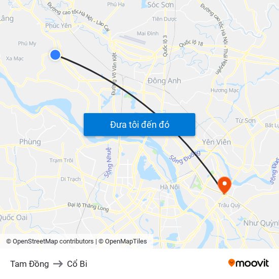 Tam Đồng to Cổ Bi map