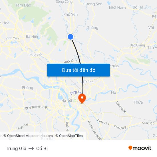 Trung Giã to Cổ Bi map