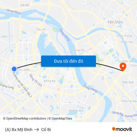 (A) Bx Mỹ Đình to Cổ Bi map
