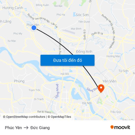 Phúc Yên to Đức Giang map