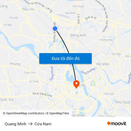Quang Minh to Cửa Nam map
