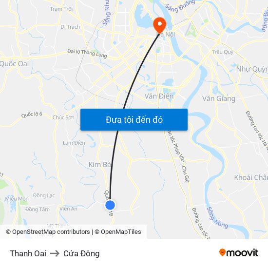 Thanh Oai to Cửa Đông map
