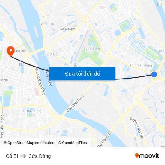 Cổ Bi to Cửa Đông map
