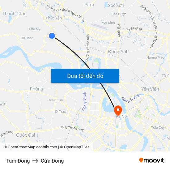 Tam Đồng to Cửa Đông map