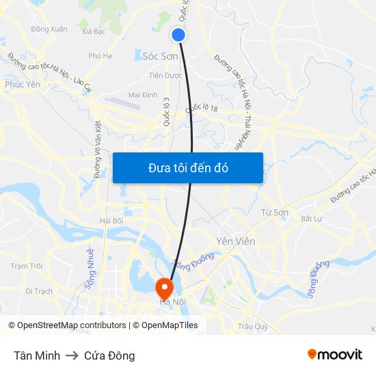 Tân Minh to Cửa Đông map