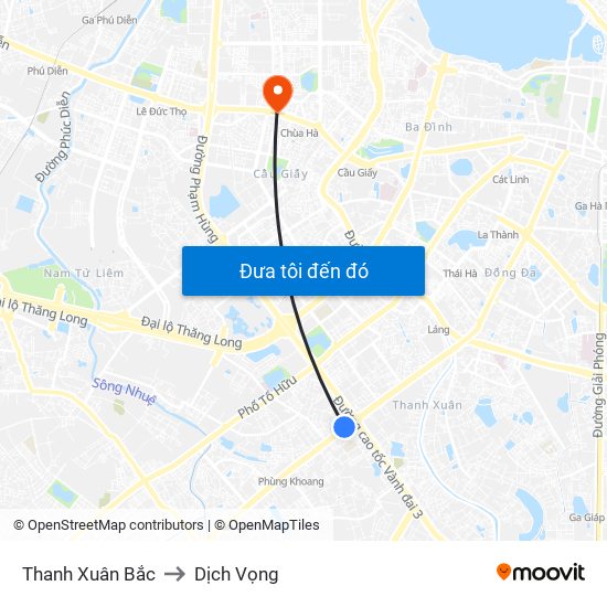 Thanh Xuân Bắc to Dịch Vọng map