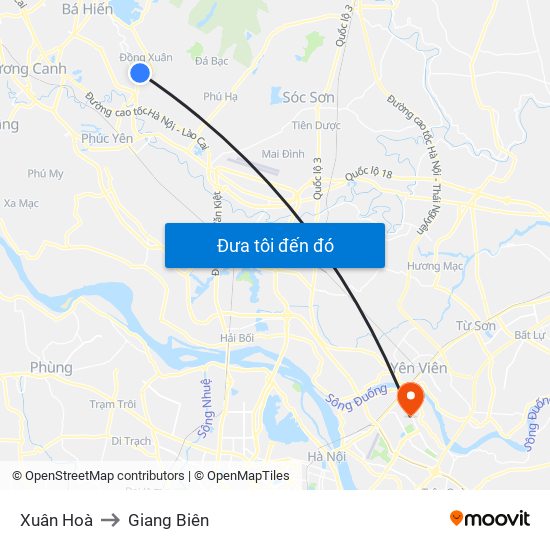 Xuân Hoà to Giang Biên map