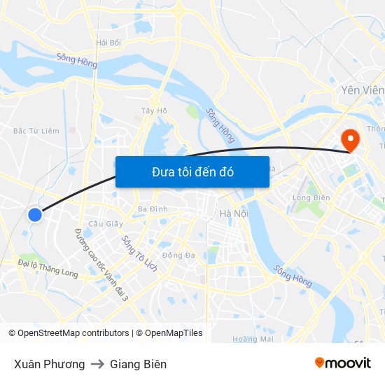 Xuân Phương to Giang Biên map