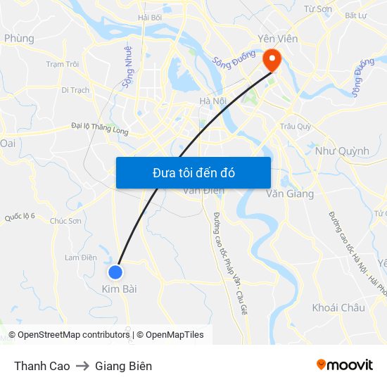 Thanh Cao to Giang Biên map