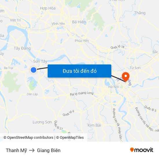 Thanh Mỹ to Giang Biên map