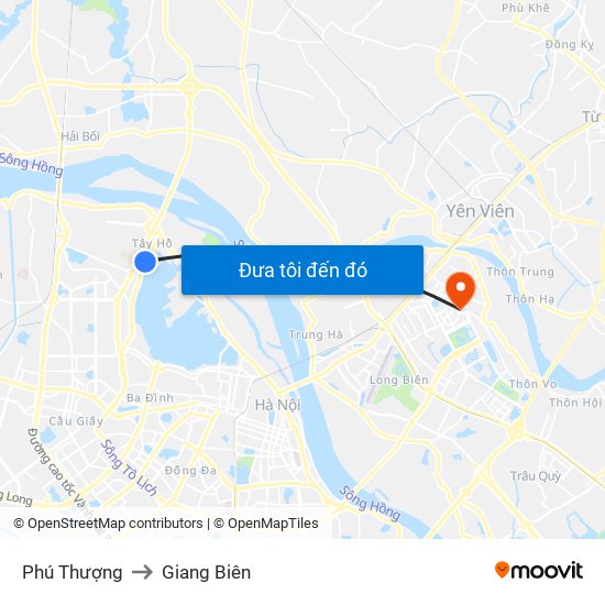 Phú Thượng to Giang Biên map