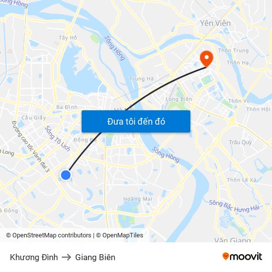 Khương Đình to Giang Biên map