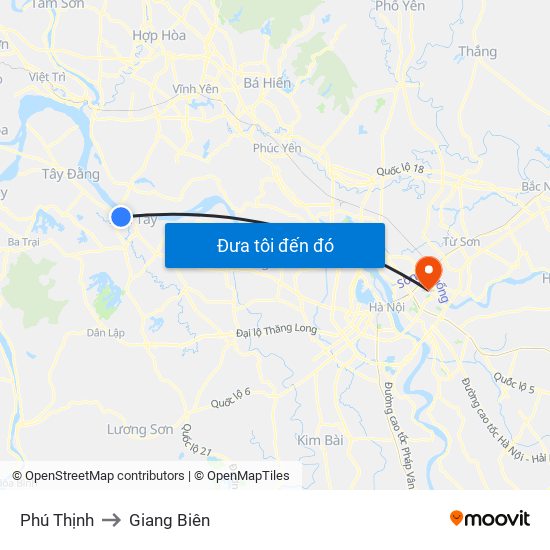 Phú Thịnh to Giang Biên map