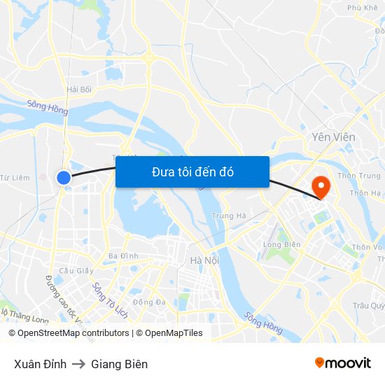 Xuân Đỉnh to Giang Biên map