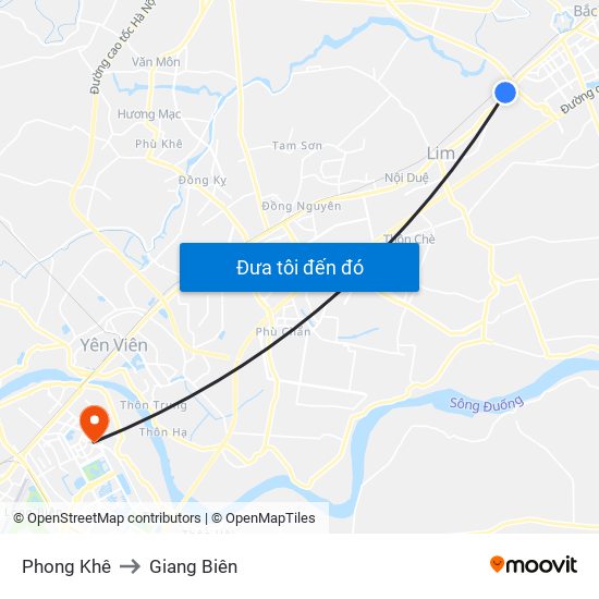 Phong Khê to Giang Biên map