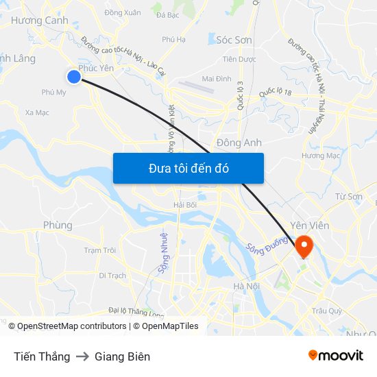 Tiến Thắng to Giang Biên map