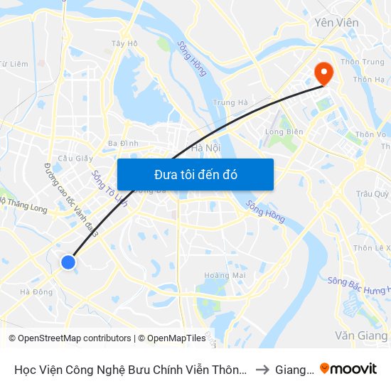 Học Viện Công Nghệ Bưu Chính Viễn Thông - Trần Phú (Hà Đông) to Giang Biên map