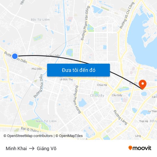 Minh Khai to Giảng Võ map