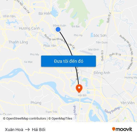 Xuân Hoà to Hải Bối map