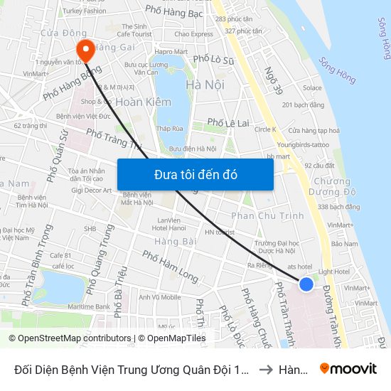 Đối Diện Bệnh Viện Trung Ương Quân Đội 108 - Trần Hưng Đạo to Hàng Gai map