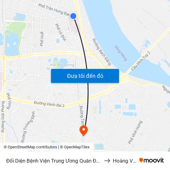 Đối Diện Bệnh Viện Trung Ương Quân Đội 108 - Trần Hưng Đạo to Hoàng Văn Thụ map