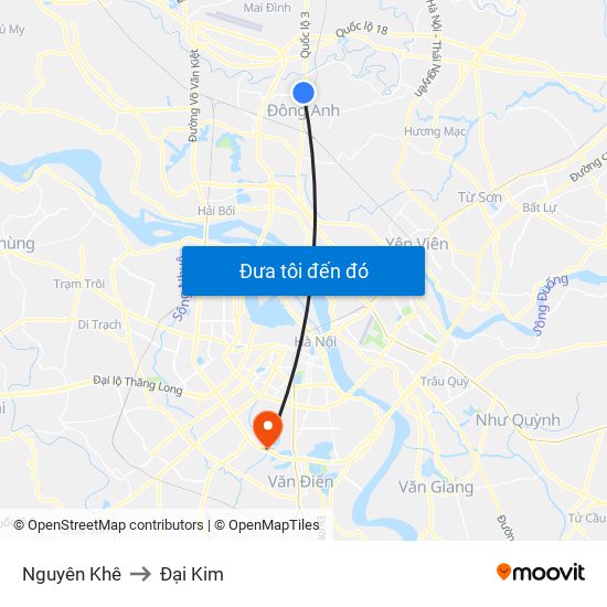 Nguyên Khê to Đại Kim map