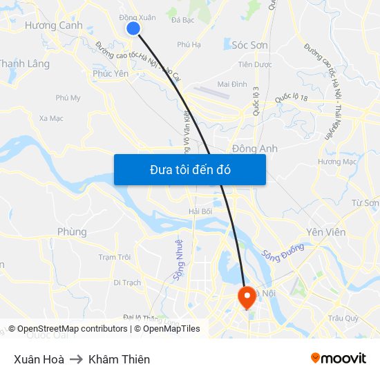 Xuân Hoà to Khâm Thiên map