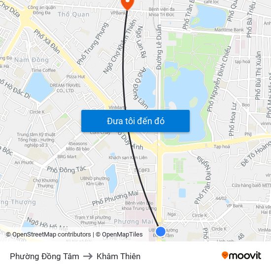 Phường Đồng Tâm to Khâm Thiên map