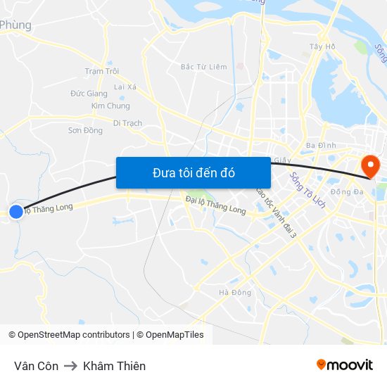 Vân Côn to Khâm Thiên map