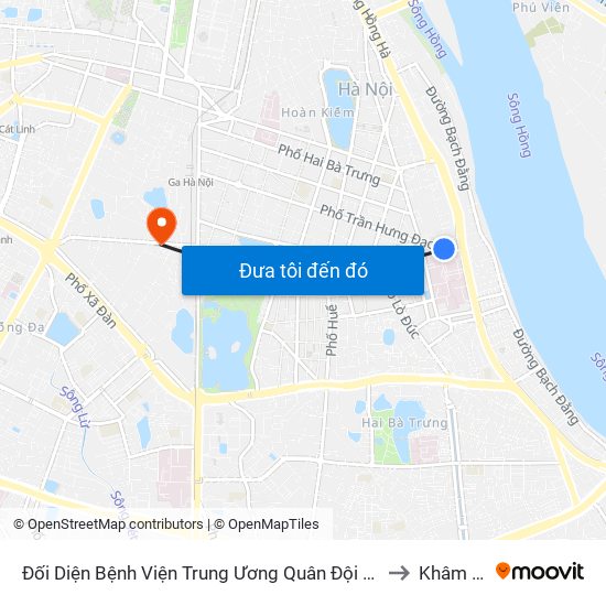 Đối Diện Bệnh Viện Trung Ương Quân Đội 108 - Trần Hưng Đạo to Khâm Thiên map