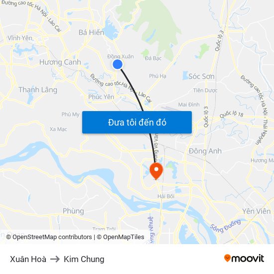 Xuân Hoà to Kim Chung map