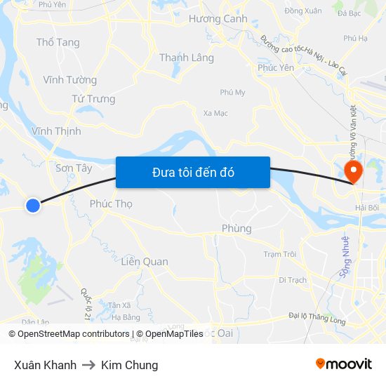 Xuân Khanh to Kim Chung map