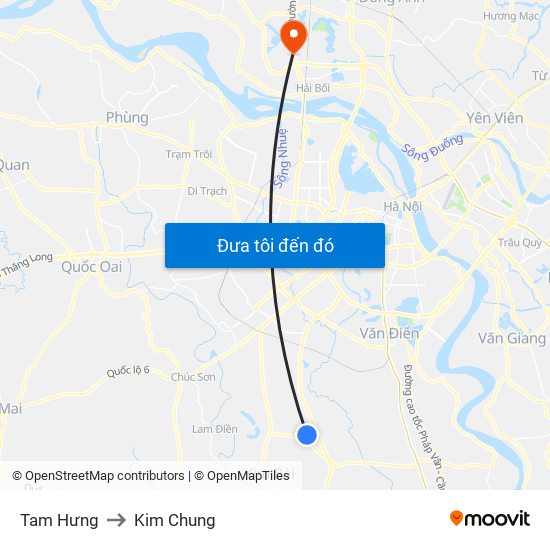 Tam Hưng to Kim Chung map