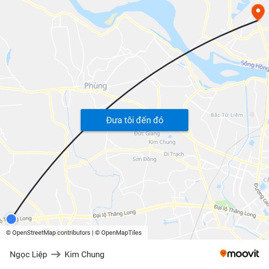 Ngọc Liệp to Kim Chung map