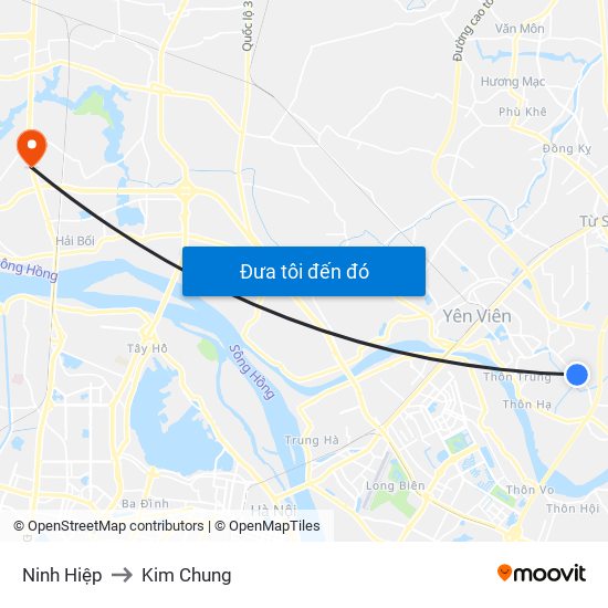 Ninh Hiệp to Kim Chung map