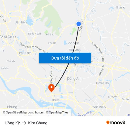 Hồng Kỳ to Kim Chung map