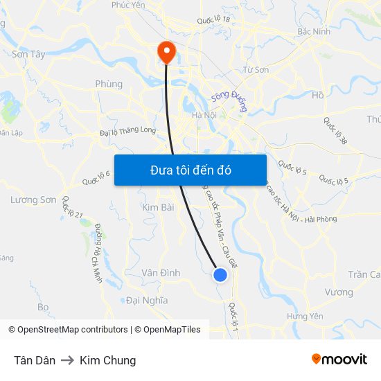 Tân Dân to Kim Chung map