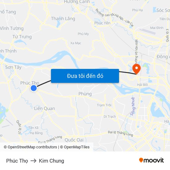 Phúc Thọ to Kim Chung map