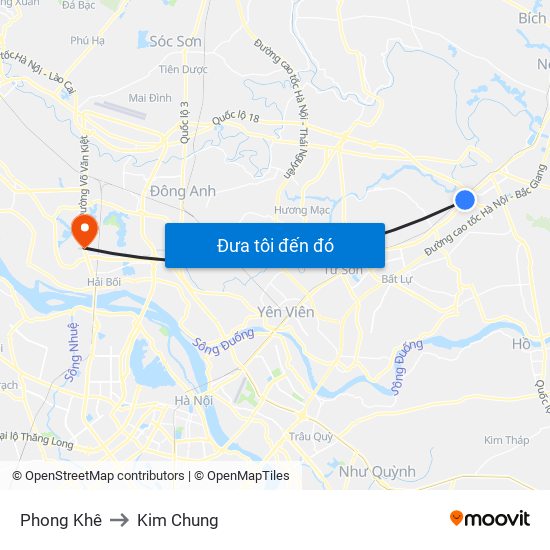 Phong Khê to Kim Chung map