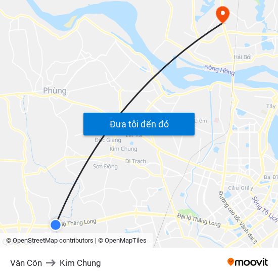 Vân Côn to Kim Chung map