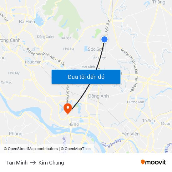 Tân Minh to Kim Chung map