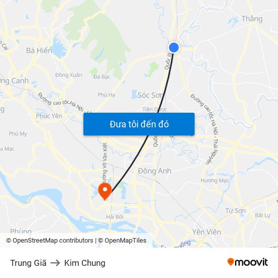 Trung Giã to Kim Chung map