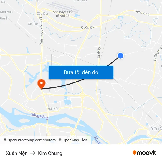 Xuân Nộn to Kim Chung map