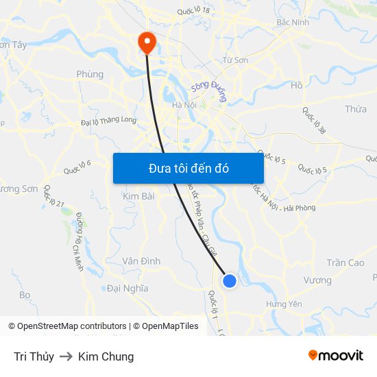 Tri Thủy to Kim Chung map