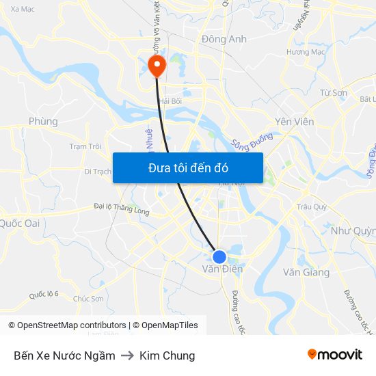 Bến Xe Nước Ngầm to Kim Chung map